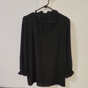 Black Ruffle Neck Long-Sleeve Blouse